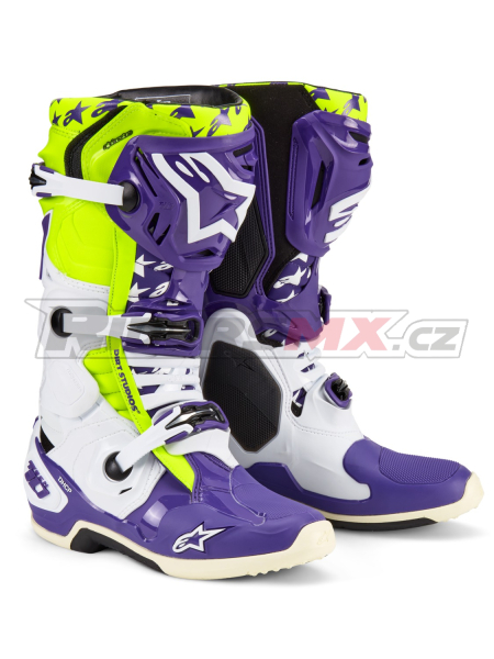 boty TECH 10 limitovaná edice DIRT STUDIOS, ALPINESTARS (bílá/fialová/žlutá fluo)